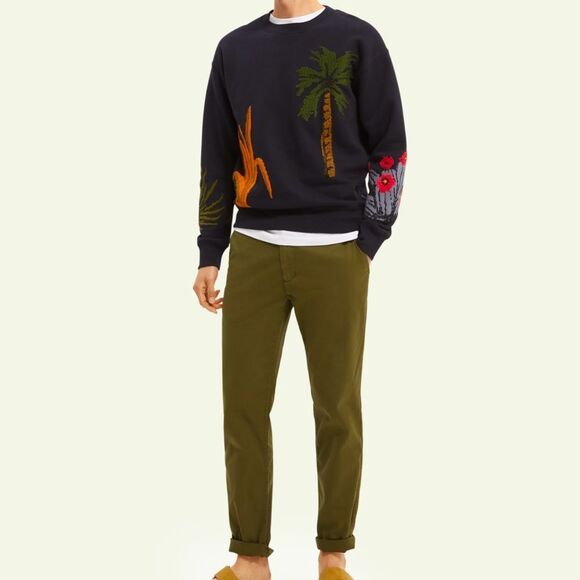 Embroidered Crewneck Sweatshirt Navy Botanicals Palm Tree Men's Medium - Picture 7 of 7